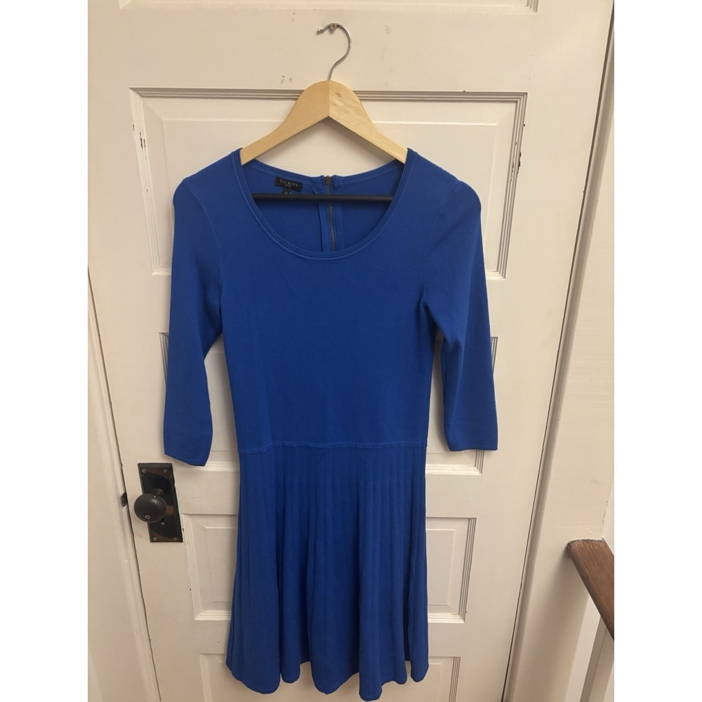 Talbots‎ Women's Blue Pleated Sweater Dress Fit Flare Knit Size Small Petite